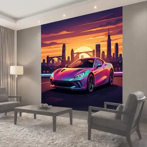 Фотообои Неоновый спорткар на закате