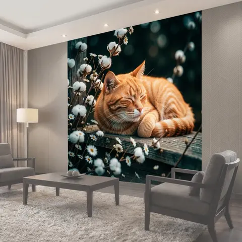 Фотообои Спящий рыжий кот среди цветов