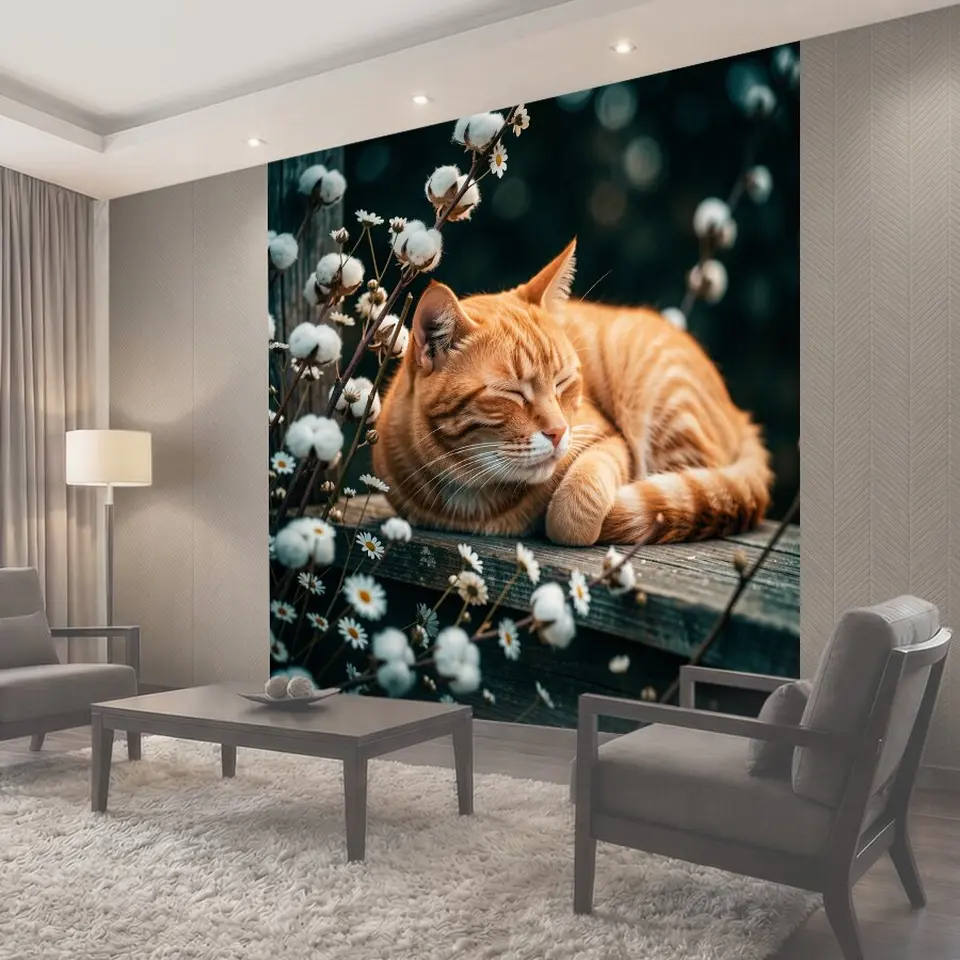 Фотообои Спящий рыжий кот среди цветов