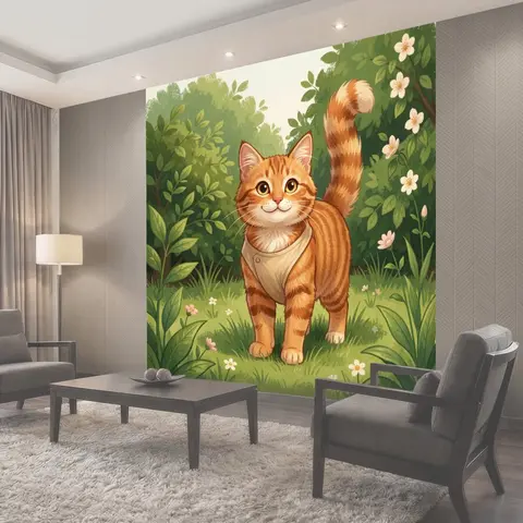 Фотообои Рыжий кот в цветущем саду