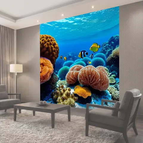 Фотообои Тропический подводный мир с яркими кораллами, экзотическими рыбами и множеством морских звезд