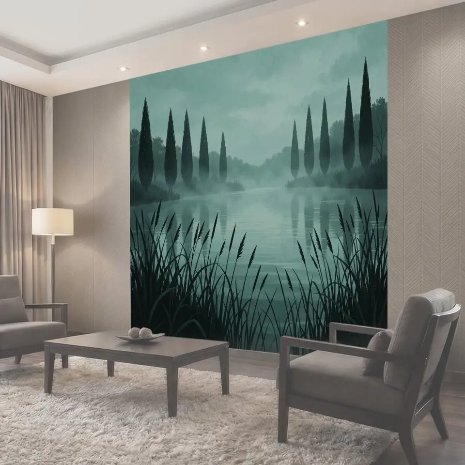 Фотообои Туманное озеро среди кипарисов