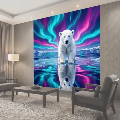 Фотообои Белый медвежонок под северным сиянием