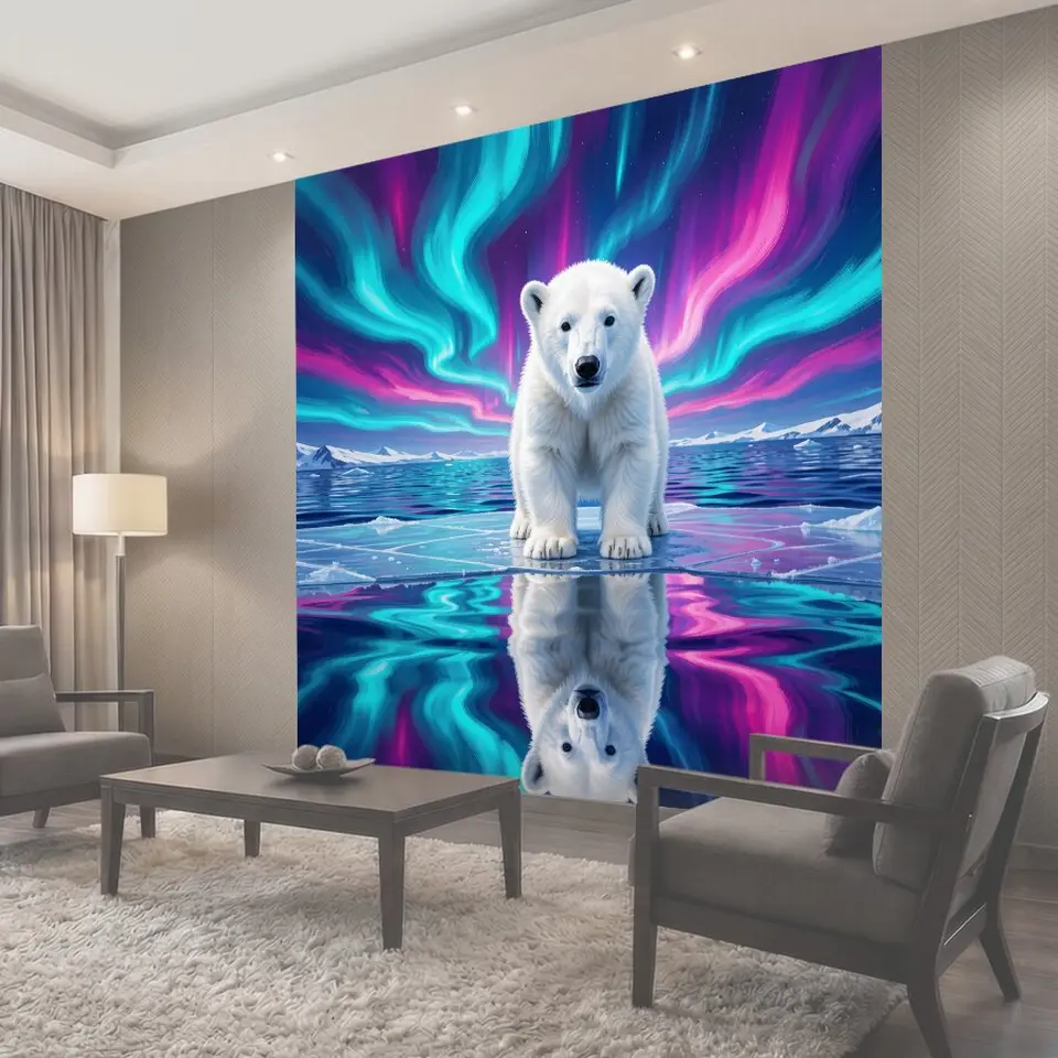 Фотообои Белый медвежонок под северным сиянием