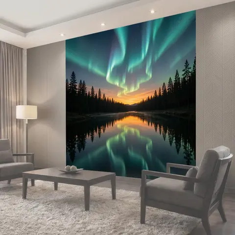 Фотообои Северное сияние над лесным озером