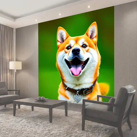 Фотообои Portrait of a happy Shiba Inu dog with a blurred green background