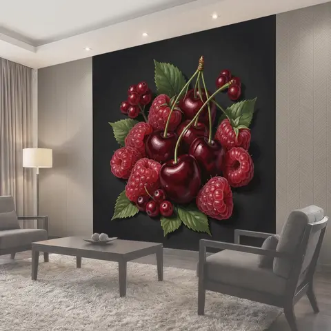 Фотообои Вишня и малина с листьями