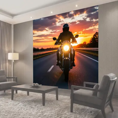 Фотообои Мотоциклист на трассе на закате