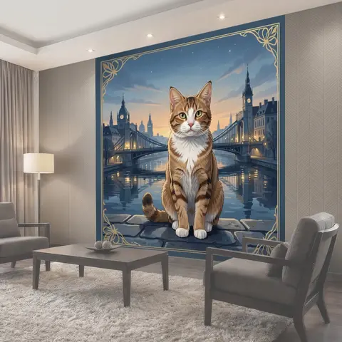 Фотообои Рыжевато-белый кот у моста