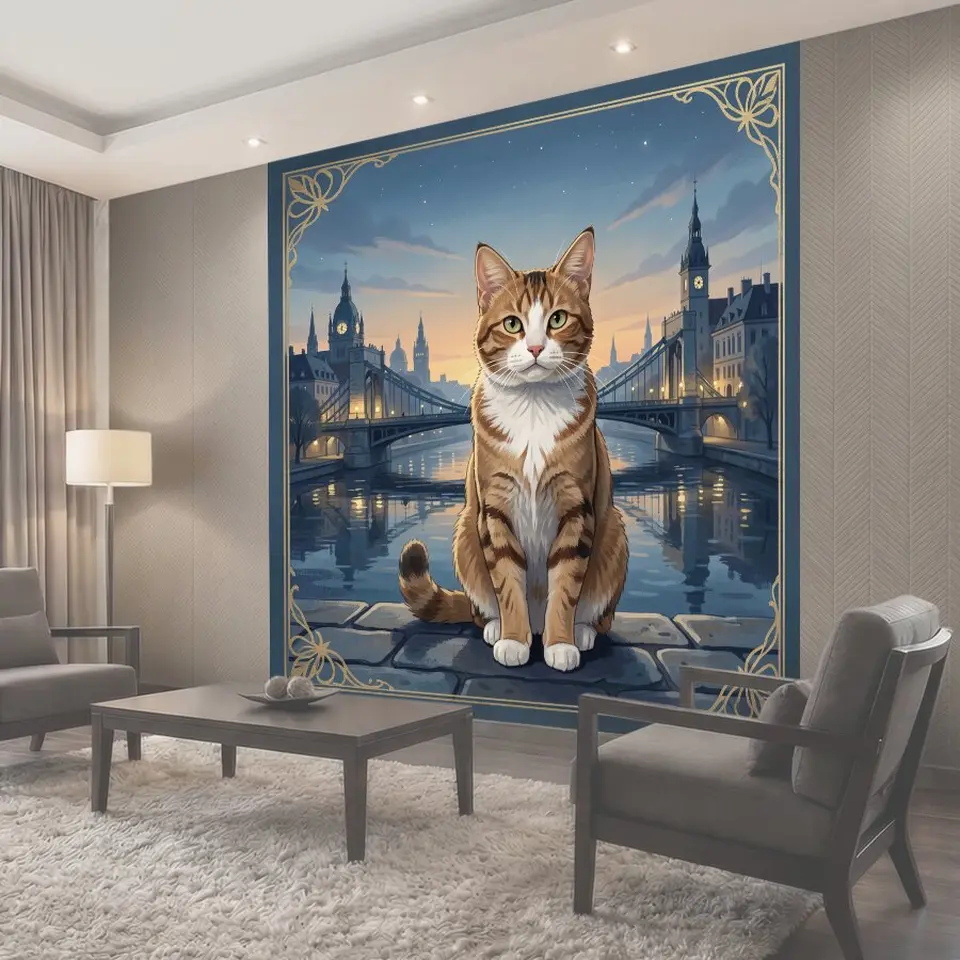 Фотообои Рыжевато-белый кот у моста