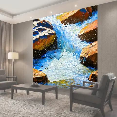 Фотообои Шумный поток воды, бьющийся о скалы, со светом, пронизывающим капли
