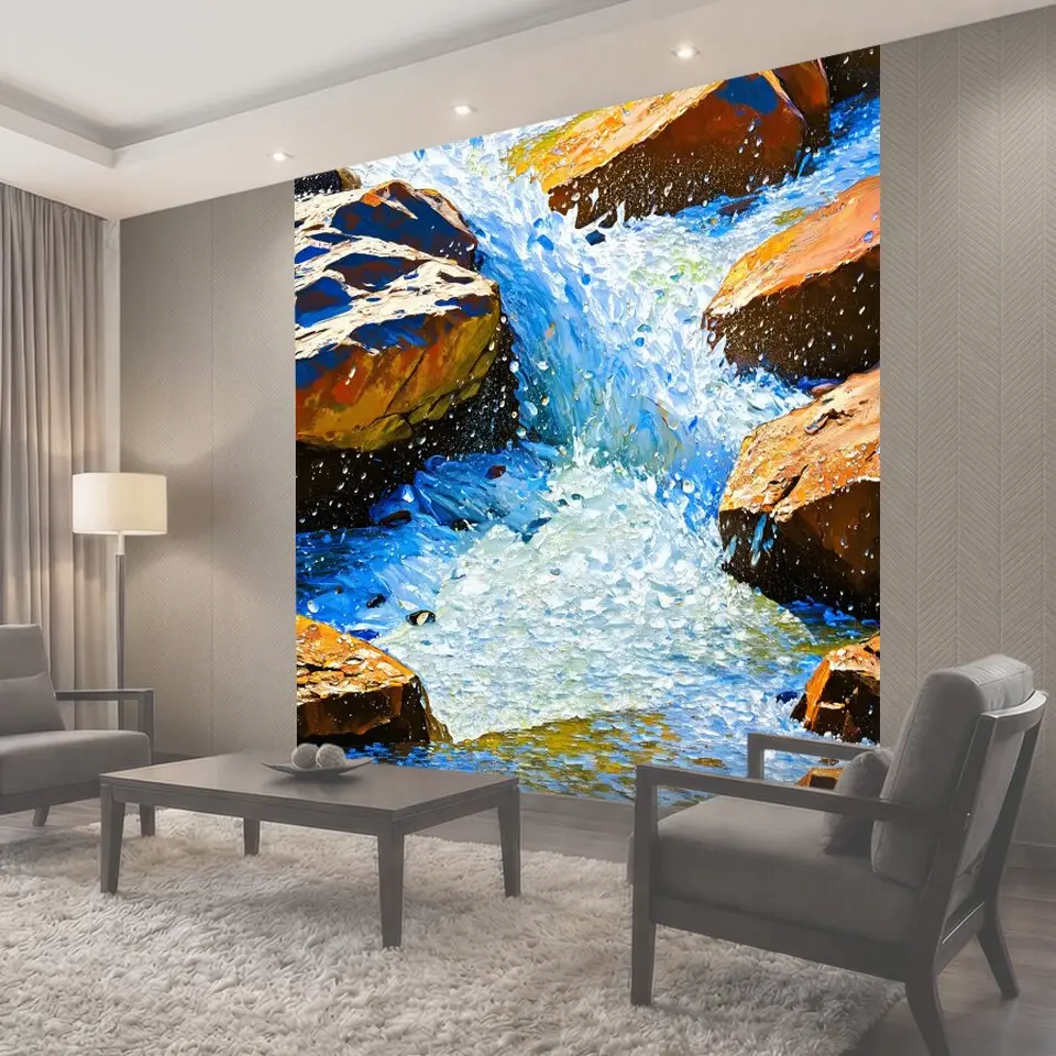 Фотообои Шумный поток воды, бьющийся о скалы, со светом, пронизывающим капли