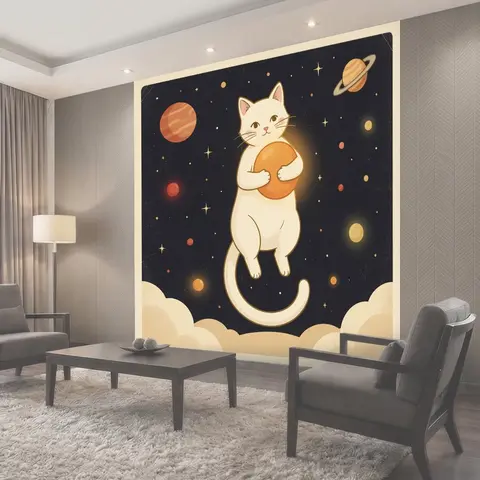 Фотообои Кот в космосе с планетами