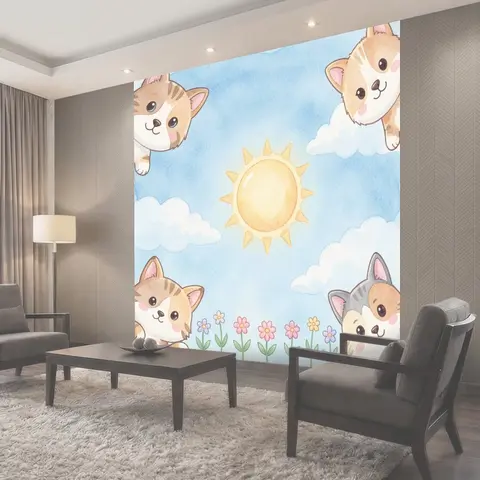 Фотообои Кошки, солнце и облака в небе