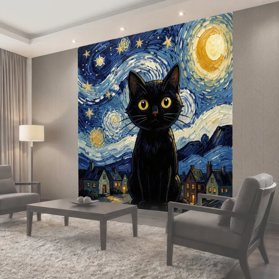 Фотообои Черный кот под звездным небом