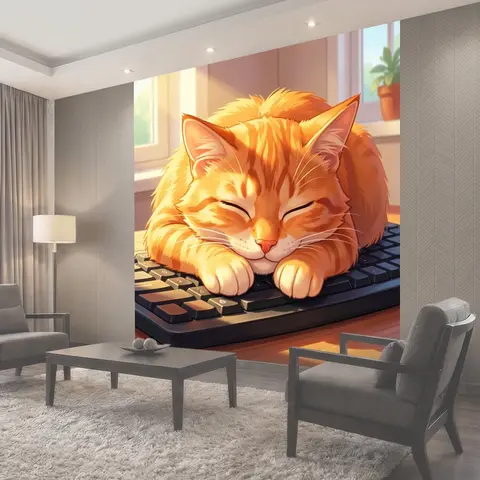 Фотообои Спящий рыжий кот на клавиатуре