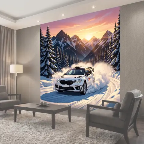 Фотообои Гоночный автомобиль в заснеженных горах
