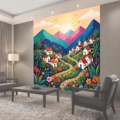 Фотообои Яркая деревня в горах