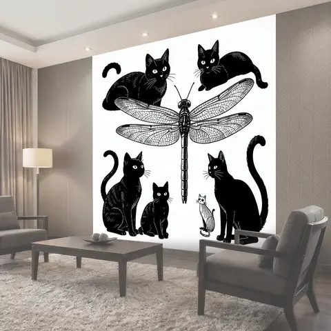 Фотообои Коты и стрекоза-иллюстрация