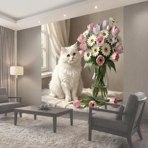 Фотообои Белый кот с весенним букетом