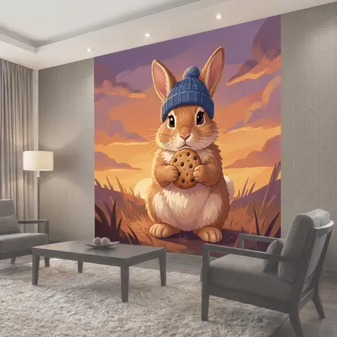 Фотообои Зайчик в синей шапке с печеньем