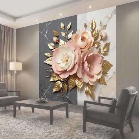 Фотообои Розово-золотые цветы с листьями