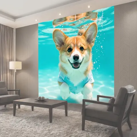Фотообои Корги под водой в бассейне