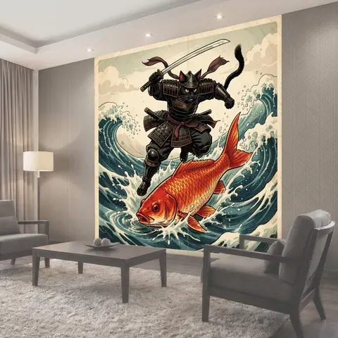 Фотообои Самурайский кот на карпе