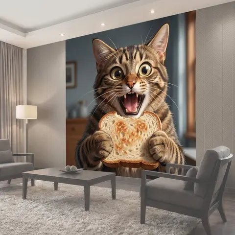 Фотообои Удивленный кот с хлебом
