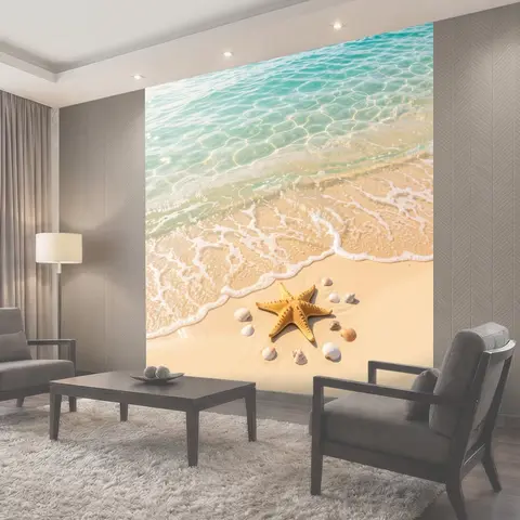 Фотообои Морской берег со звездой и ракушками