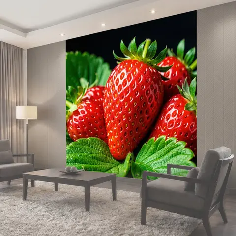 Фотообои Спелая клубника с листьями