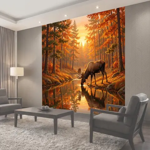 Фотообои Лось у лесного ручья на закате