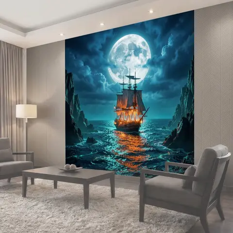 Фотообои Парусник под луной в море