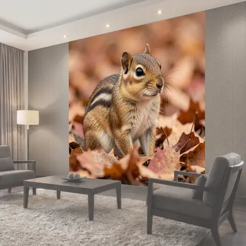 Фотообои Бурундук среди осенних листьев