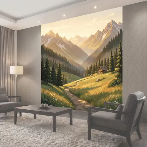 Фотообои Горный пейзаж с домиком на лугу