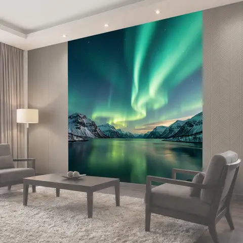 Фотообои Северное сияние над горным фьордом
