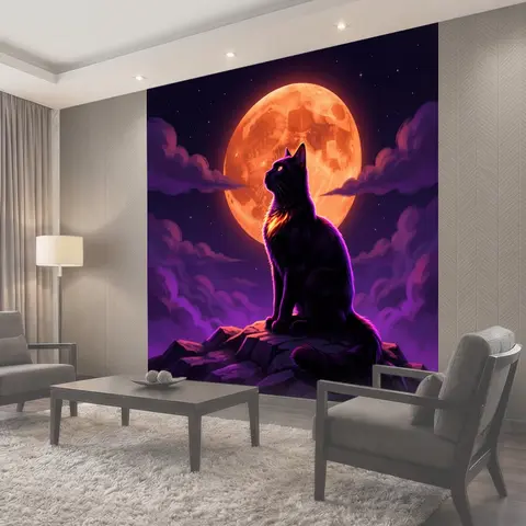 Фотообои Черный кот под лунным небом