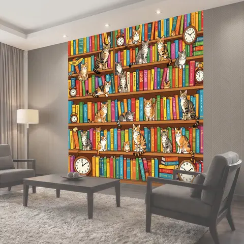 Фотообои Кошки на полках книжного шкафа