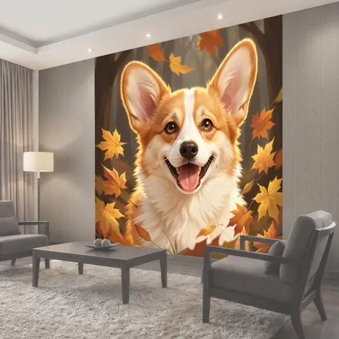 Фотообои Улыбающийся корги среди осенних листьев