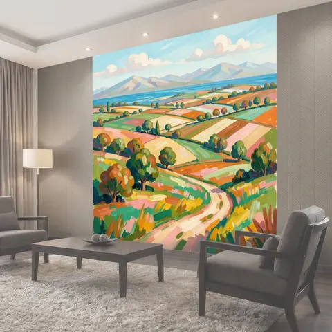 Фотообои Яркий сельский пейзаж с горами