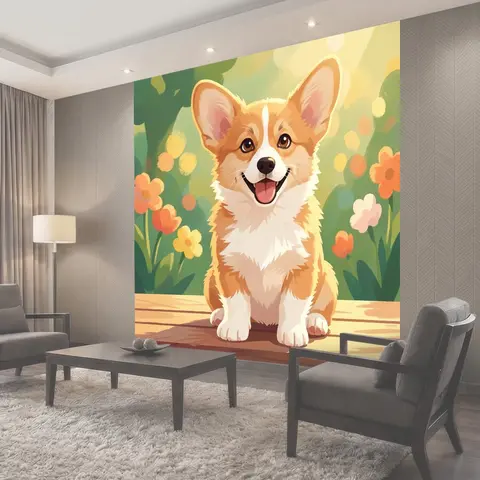 Фотообои Рыжий корги в цветах