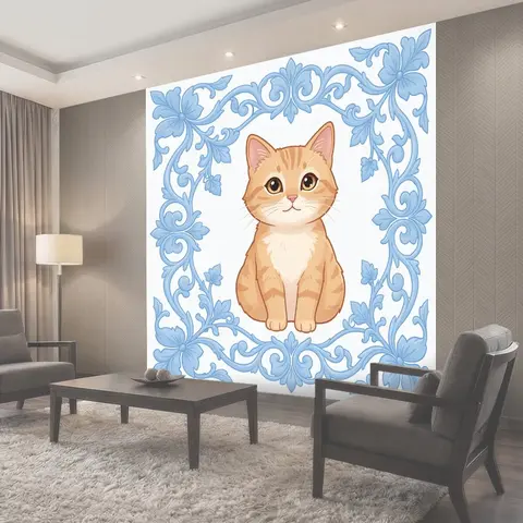 Фотообои Котенок в голубой цветочной раме
