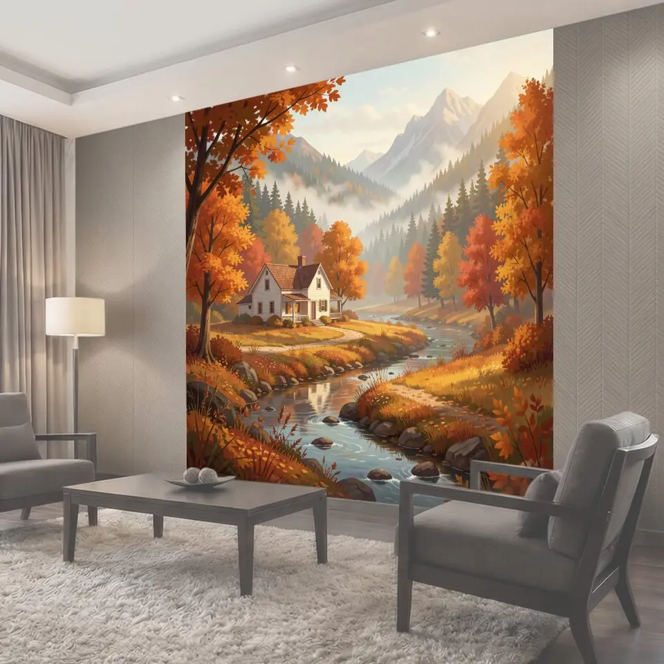 Фотообои Осенний дом у горной речки