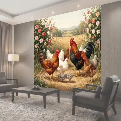 Фотообои Петухи и куры в саду
