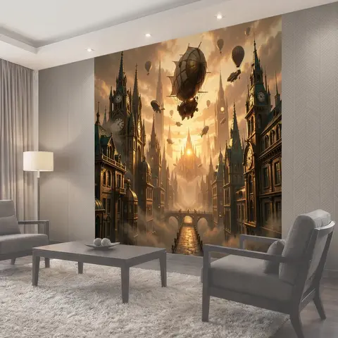 Фотообои Фантастический город с дирижаблями