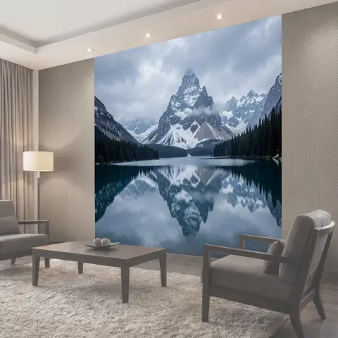 Фотообои Заснеженные горы и зеркальное озеро