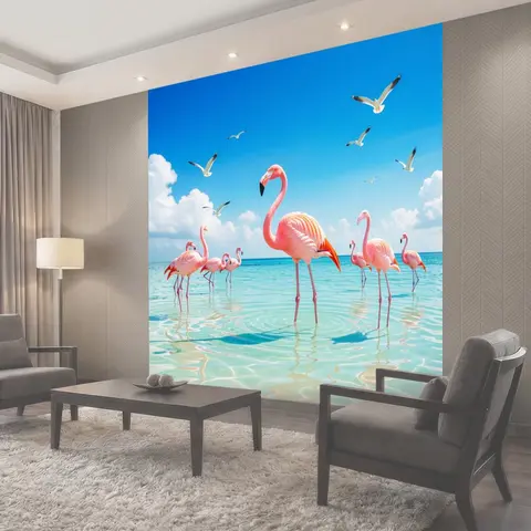 Фотообои Фламинго и чайки у моря