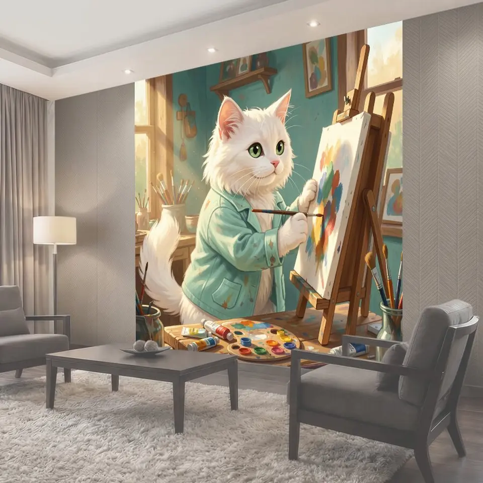 Фотообои Белый кот-художник за мольбертом