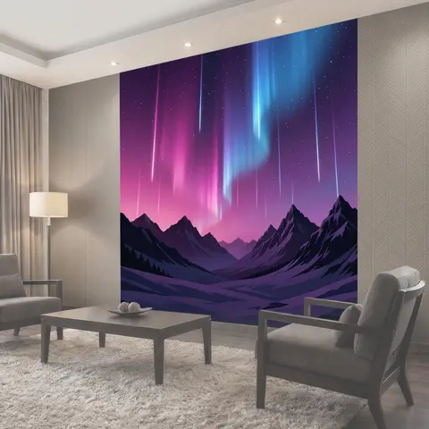 Фотообои Неоновые лучи над ночными горами