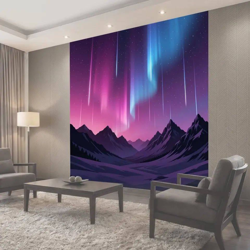 Фотообои Неоновые лучи над ночными горами